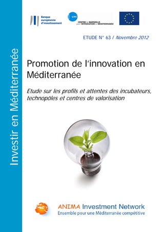 Investir en Méditerranée

ETUDE N° 63 / Novembre 2012

Promotion de l’innovation en
Méditerranée
Etude sur les profils et attentes des incubateurs,
technopôles et centres de valorisation

 