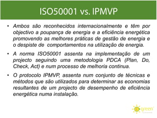 • Ambos são reconhecidos internacionalmente e têm por
objectivo a poupança de energia e a eficiência energética
promovendo as melhores práticas de gestão de energia e
o despiste de comportamentos na utilização de energia.
• A norma ISO50001 assenta na implementação de um
projecto seguindo uma metodologia PDCA (Plan, Do,
Check, Act) e num processo de melhoria continua.
• O protocolo IPMVP, assenta num conjunto de técnicas e
métodos que são utilizados para determinar as economias
resultantes de um projecto de desempenho de eficiência
energética numa instalação.

 