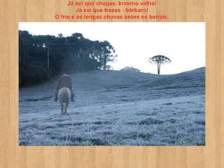 Já sei que chegas, Inverno velho!
         Já sei que trazes - bárbaro!
O frio e as longas chuvas sobre os beirais.
 