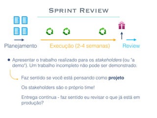 Sprint Review
Planejamento Execução (2-4 semanas) Review
• Apresentar o trabalho realizado para os stakeholders (ou "a
dem...