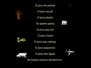 O povo de pedras O povo em pé O povo planta Os quatro patas O povo que voa  O povo inseto O povo que rasteja O povo pequenino O povo das águas Os nossos animais domésticos ... 