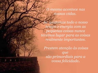 O mesmo acontece nas nossas vidas.  Se  gastamos todo o nosso tempo e energia com as pequenas coisas nunca teremos lugar para as coisas realmente importantes. Prestem atenção às coisas que  são primordiais para a vossa felicidade . 