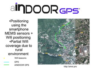 ●Positioning
using the
smartphone
MEMS sensors +
Wifi positioning
●Partial Wifi
coverage due to
rural
environment
GPS
AINDOOR GPS
http://ainsi.pro
Wifi beacons
 