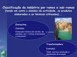 Classificação da indústria por ramos e sub-ramos  (tendo em conta o domínio da actividade, os produtos elaborados e as técnicas utilizadas) ... Exemplos:   Extracção mineira (de carvão, de petróleo, etc.). rochas ornamentais e industriais. Exemplos:   Têxtil, química, produção e distribuição de energia. Extractiva  Transformadora  