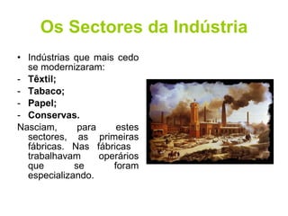 Os Sectores da Indústria Indústrias que mais cedo se modernizaram:  Têxtil; Tabaco; Papel; Conservas. Nasciam, para estes sectores, as primeiras fábricas. Nas fábricas  trabalhavam operários que se foram especializando. 