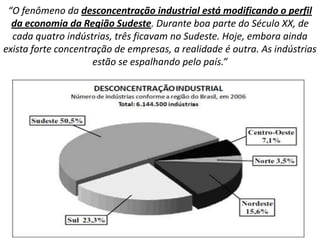 “O fenômeno da desconcentração industrial está modificando o perfil
  da economia da Região Sudeste. Durante boa parte do Século XX, de
  cada quatro indústrias, três ficavam no Sudeste. Hoje, embora ainda
exista forte concentração de empresas, a realidade é outra. As indústrias
                     estão se espalhando pelo país.”
 