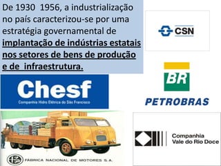 De 1930 1956, a industrialização
no país caracterizou-se por uma
estratégia governamental de
implantação de indústrias estatais
nos setores de bens de produção
e de infraestrutura.
 