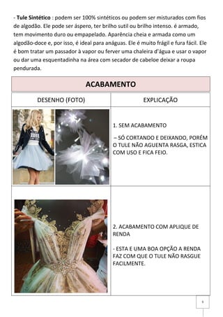 9
- Tule Sintético : podem ser 100% sintéticos ou podem ser misturados com fios
de algodão. Ele pode ser áspero, ter brilho sutil ou brilho intenso. é armado,
tem movimento duro ou empapelado. Aparência cheia e armada como um
algodão-doce e, por isso, é ideal para anáguas. Ele é muito frágil e fura fácil. Ele
é bom tratar um passador à vapor ou ferver uma chaleira d’água e usar o vapor
ou dar uma esquentadinha na área com secador de cabeloe deixar a roupa
pendurada.
ACABAMENTO
DESENHO (FOTO) EXPLICAÇÃO
1. SEM ACABAMENTO
– SÓ CORTANDO E DEIXANDO, PORÉM
O TULE NÃO AGUENTA RASGA, ESTICA
COM USO E FICA FEIO.
2. ACABAMENTO COM APLIQUE DE
RENDA
- ESTA E UMA BOA OPÇÃO A RENDA
FAZ COM QUE O TULE NÃO RASGUE
FACILMENTE.
 