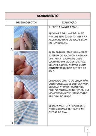 5
ACABAMENTO
DESENHO (FOTO) EXPLICAÇÃO
A.
B.
C.
D.
1. FAZER A BAINHA À MÃO.
A) ENFIAR A AGULHA E DÊ UM NO
FINAL DE SEU SEGMENTO. INSERIR A
AGULHA NO FINAL DO ROLO E SAEM
NO TOP DO ROLO.
B) EM SEGUIDA, PERFURAR A PARTE
SUPERIOR DO ROLO COM A AGULHA
DIRETAMENTE ACIMA DE ONDE
COSTUROU UM MOMENTO ATRÁS.
DESENHE A LINHA ATRAVÉS DE UM
CENTÍMETRO OU DOIS DE TOPO DO
ROLO.
C) NO LADO DIREITO DO LENÇO, NÃO
QUER TONELADAS DE COSTURA PARA
MOSTRAR ATRAVÉS, RAZÃO PELA
QUAL SÓ PEGAR ALGUNS FIOS EM UM
MOMENTO EM COSTURAR O CORPO
PRINCIPAL DO LENÇO.
D) BASTA MANTER A REPETIR ESTE
PROCESSO UMA E OUTRA VEZ ATÉ
CHEGAR AO FINAL.
 