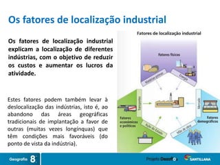 Os fatores de localização industrial
Os fatores de localização industrial
explicam a localização de diferentes
indústrias, com o objetivo de reduzir
os custos e aumentar os lucros da
atividade.
Estes fatores podem também levar à
deslocalização das indústrias, isto é, ao
abandono das áreas geográficas
tradicionais de implantação a favor de
outras (muitas vezes longínquas) que
têm condições mais favoráveis (do
ponto de vista da indústria).
 