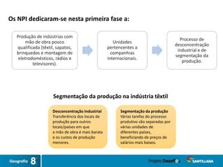 Os NPI dedicaram-se nesta primeira fase a:
Produção de indústrias com
mão de obra pouco
qualificada (têxtil, sapatos,
brinquedos e montagem de
eletrodomésticos, rádios e
televisores).
Unidades
pertencentes a
companhias
internacionais.
Processo de
desconcentração
industrial e de
segmentação da
produção.
Desconcentração industrial
Transferência dos locais de
produção para outros
locais/países em que
a mão de obra é mais barata
e os custos de produção
menores.
Segmentação da produção
Várias tarefas do processo
produtivo são separadas por
várias unidades de
diferentes países,
beneficiando de preços de
salários mais baixos.
Segmentação da produção na indústria têxtil
 
