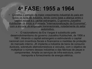 4a FASE: 1955 a 1964
•  Constitui o período de maior crescimento industrial do país em
   todos os tipos de indústria, tendo como base a aliança entre o
     capital estatal e o capital estrangeiro. O governo Juscelino
Kubitschek dá início a chamada "Internacionalização da Economia",
 com a entrada de empresas transnacionais, notadamente do setor
                              automotivo.
       • O nacionalismo da Era Vargas é substituído pelo
 desenvolvimentismo do governo Juscelino Kubitschek, de 1956 a
     1961. Atraindo o capital estrangeiro e estimulando o capital
nacional com incentivos fiscais e financeiros e medidas de proteção
  do mercado interno, JK implanta a indústria de bens de consumo
duráveis, sobretudo eletrodomésticos e veículos, com o objetivo de
  multiplicar o número dessas indústrias e das fábricas de peças e
     componentes. Amplia os serviços de infra-estrutura, como
            transporte e fornecimento de energia elétrica.
 