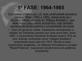 5ª FASE: 1964-1985
• O processo iniciado por J.K. teve continuidade durante a
       Ditadura Militar (1964 a 1985), destacando-se o
    Governo Médici, período do "Milagre Brasileiro", que
     determinou crescimento econômico, mas também
    aumento da dívida externa e concentração de renda.
  • Com um governo militar, fortemente centralizador e
   estatal, as indústrias passam por uma nova fase. Após
   1967, o crescimento industrial do Brasil supera 10% ao
      ano, ficando conhecido como "milagre brasileiro",
       encerrando esse ciclo em 1974. Devido a esse
  crescimento acelerado, os militares formularam o projeto
   "Brasil Potência", buscando transformá-lo em potência
                          econômica.
 