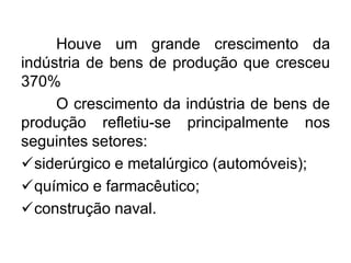 Houve um grande crescimento da
indústria de bens de produção que cresceu
370%
O crescimento da indústria de bens de
produção refletiu-se principalmente nos
seguintes setores:
siderúrgico e metalúrgico (automóveis);
químico e farmacêutico;
construção naval.

 
