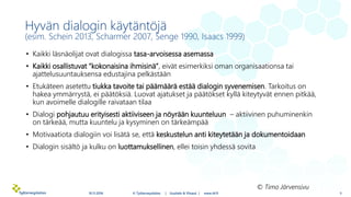 Hyvän dialogin käytäntöjä
(esim. Schein 2013, Scharmer 2007, Senge 1990, Isaacs 1999)
• Kaikki läsnäolijat ovat dialogissa...