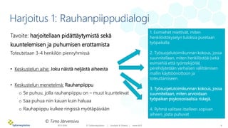 Harjoitus 1: Rauhanpiippudialogi
Tavoite: harjoitellaan pidättäytymistä sekä
kuuntelemisen ja puhumisen erottamista
Toteut...