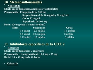10. Metanosulfonamidas Nimesulida Efecto antiinflamatorio, analgésico y antipirético Presentación: Comprimido de 100 mg Suspensión oral de 10 mg/ml y 50 mg/5ml Gotas 50 mg/ml Supositorio de 200 mg Dosis: 100 mg cada 12 horas (adulto) Niños:  Suspensión  Gotas 3-5 años:  7.5 ml/día  1,5 ml/día 6-8 años:  10.5 ml/día  2 ml/día 9-12 años:  15 ml/día  3 ml/día 11. Inhibidores específicos de la COX 2 Rofecoxib Efecto antiinflamatorio y analgésico Presentación:  Compromido de 12.5 mg y 25 mg  Dosis:  25 a 50 mg cada 12 horas -  Celecoxib 