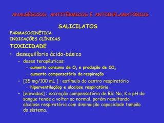 SALICILATOS FARMACOCINÉTICA INDICAÇÕES CLÍNICAS TOXICIDADE desequilíbrio ácido-básico doses terapêuticas: aumento consumo de O 2  e produção de CO 2  aumento compensatório da   respiração [35 mg/100 mL ] : estímulo do centro respiratório hiperventilaçãop e alcalose respiratória [elevadas] : excreção compensatória de Bic Na, K e pH do sangue tende a voltar ao normal, porém resultando alcalose respiratória com diminuição capacidade tampão do sistema. ANALGÉSICOS, ANTITÉRMICOS E ANTIINFLAMATÓRIOS 