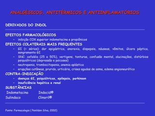 DERIVADOS DO INDOL EFEITOS FARMACOLÓGICOS inibição COX superior indometacina e propiônicos EFEITOS COLATERAIS MAIS FREQUENTES  GI (+ sérios): dor epigástrica, anorexia, dispepsia, náuseas, vômitos, úlcera péptica, sangramento GI SNC: cefaléia (25 a 50%), vertigens, tonturas, confusão mental, alucinações, distúrbios psiquiátricos (depressão e psicoses) neutropenia, trombocitopenia, anemia aplástica erupções cutâneas, prurido, urticária, crises agudas de asma, edema angioneurótico CONTRA-INDICAÇÃO doenças GI, psiquiátricas, epilepsia, parkinson insuficiência hepática e renal SUBSTÂNCIAS  Indometacina  Indocid® Sulindaco  Clinoril®  Fonte: Farmacologia ( Penildon Silva, 2002) ANALGÉSICOS, ANTITÉRMICOS E ANTIINFLAMATÓRIOS 