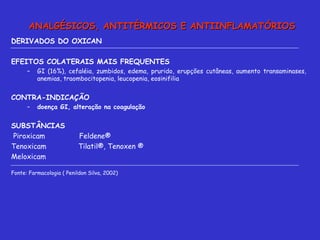 DERIVADOS DO OXICAN  EFEITOS COLATERAIS MAIS FREQUENTES  GI (16%), cefaléia, zumbidos, edema, prurido, erupções cutâneas, aumento transaminases, anemias, traombocitopenia, leucopenia, eosinifilia  CONTRA-INDICAÇÃO doença GI, alteração na coagulação SUBSTÂNCIAS  Piroxicam  Feldene® Tenoxicam  Tilatil®, Tenoxen ® Meloxicam Fonte: Farmacologia ( Penildon Silva, 2002) ANALGÉSICOS, ANTITÉRMICOS E ANTIINFLAMATÓRIOS 