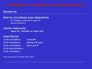 FENAMATOS  EFEITOS COLATERAIS MAIS FREQUENTES  GI: dispepsia, desconforto gástrico anemia hemolítica CONTRA-INDICAÇÃO doença GI, alteração na função renal SUBSTÂNCIAS  ácido mefenâmico  Ponstan® Ácido flufenâmico  Mobilisin ® assoc. Ácido etofenâmico  Bayro-gel ® Ácido meclofenâmico Ácido tolfenâmico  Fonte: Farmacologia ( Penildon Silva, 2002) ANALGÉSICOS, ANTITÉRMICOS E ANTIINFLAMATÓRIOS 