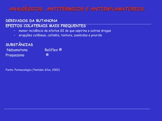 DERIVADOS DA BUTANONA EFEITOS COLATERAIS MAIS FREQUENTES  menor incidência de efeitos GI do que aspirina e outras drogas erupções cutâneas, cefaléia, tontura, zumbidos e prurido  SUBSTÂNCIAS  Nabumetona  Reliflex ® Proquazona  ® Fonte: Farmacologia ( Penildon Silva, 2002) ANALGÉSICOS, ANTITÉRMICOS E ANTIINFLAMATÓRIOS 