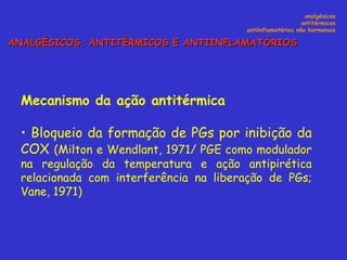 Mecanismo da ação antitérmica  Bloqueio da formação de PGs por inibição da COX  (Milton e Wendlant, 1971/ PGE como modulador na regulação da temperatura e ação antipirética relacionada com interferência na liberação de PGs; Vane, 1971) analgésicos antitérmicos antiinflamatórios não hormonais ANALGÉSICOS, ANTITÉRMICOS E ANTIINFLAMATÓRIOS 