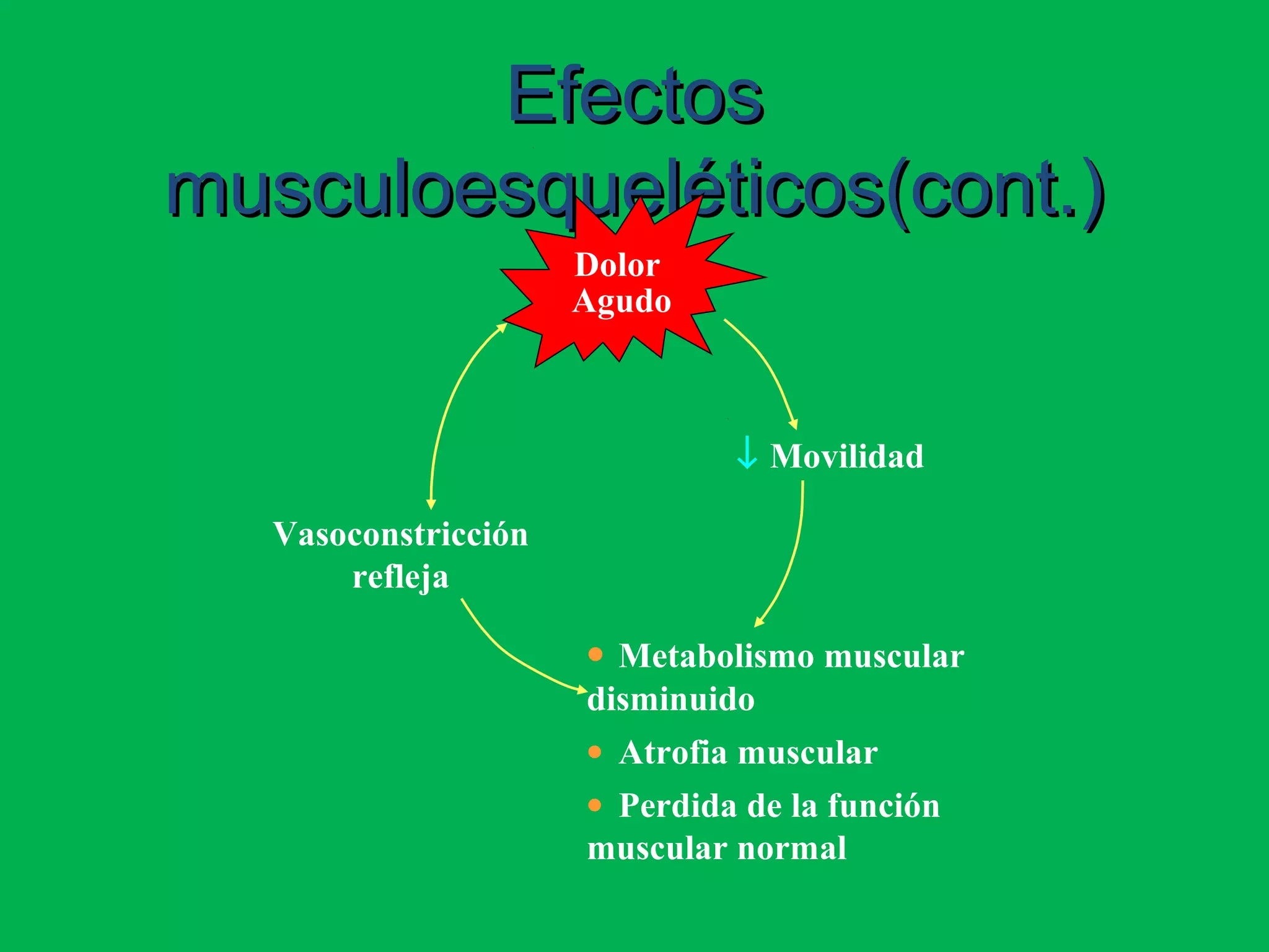 Efectos
musculoesqueléticos(cont.)
                     Dolor
                     Agudo



                              ↓ Movilidad

  Vasoconstricción
      refleja

                     • Metabolismo muscular
                     disminuido
                     • Atrofia muscular
                     • Perdida de la función
                     muscular normal
 