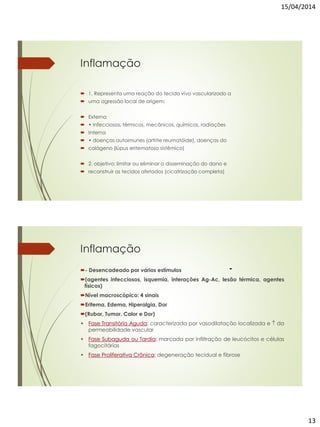 15/04/2014
13
Inflamação
 1. Representa uma reação do tecido vivo vascularizado a
 uma agressão local de origem:
 Externa
 • infecciosos, térmicos, mecânicos, químicos, radiações
 Interna
 • doenças autoimunes (artrite reumatóide), doenças do
 colágeno (lúpus eritematoso sistêmico)
 2. objetivo: limitar ou eliminar a disseminação do dano e
 reconstruir os tecidos afetados (cicatrização completa)
-
Inflamação
- Desencadeado por vários estímulos
(agentes infecciosos, isquemia, interações Ag-Ac, lesão térmica, agentes
físicos)
Nível macroscópico: 4 sinais
Eritema, Edema, Hiperalgia, Dor
(Rubor, Tumor, Calor e Dor)
• Fase Transitória Aguda: caracterizada por vasodilatação localizada e  da
permeabilidade vascular
• Fase Subaguda ou Tardia: marcada por infiltração de leucócitos e células
fagocitárias
• Fase Proliferativa Crônica: degeneração tecidual e fibrose
 
