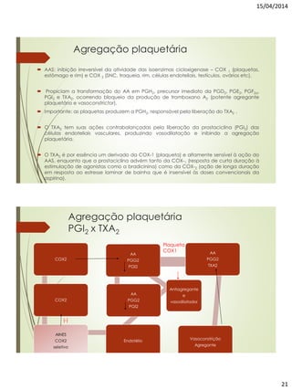 15/04/2014
21
Agregação plaquetária
 AAS: inibição irreversível da atividade das isoenzimas cicloxigenase – COX 1 (plaquetas,
estômago e rim) e COX 2 (SNC, traqueia, rim, células endoteliais, testículos, ovários etc),
 Propiciam a transformação do AA em PGH2, precursor imediato da PGD2, PGE2, PGF2a,
PGI2 e TXA2, ocorrendo bloqueio da produção de tromboxano A2 (potente agregante
plaquetário e vasoconstrictor).
 Importante: as plaquetas produzem a PGH2, responsável pela liberação do TXA2 .
 O TXA2 tem suas ações contrabalançadas pela liberação da prostaciclina (PGI2) das
células endoteliais vasculares, produzindo vasodilatação e inibindo a agregação
plaquetária.
 O TXA2 é por essência um derivado da COX-1 (plaqueta) e altamente sensível à ação do
AAS, enquanto que a prostaciclina advém tanto da COX-1 (resposta de curta duração à
estimulação de agonistas como a bradicinina) como da COX-2 (ação de longa duração
em resposta ao estresse laminar de bainha que é insensível às doses convencionais da
aspirina).
Agregação plaquetária
PGI2 x TXA2
COX2
COX2
AINES
COX2
seletivo
Endotélio
Antiagregante
e
vasodilatador
AA
PGG2
PGI2
AA
PGG2
PGI2
AA
PGG2
TXA2
Vasoconstrição
Agregante
(-)
Plaqueta
COX1
 