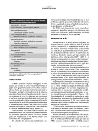 TEMAS DE
REUMATOLOGIA CLÍNICA
FARMACOLOGIA
Os AINEs compõem um grupo heterogêneo de com-
postos, que consiste de um ou mais anéis aromáticos li-
gados a um grupamento ácido funcional. São ácidos or-
gânicos fracos que atuam principalmente nos tecidos in-
flamados e se ligam, significativamente, à albumina
plasmática. Pacientes com hipoalbuminemia têm maiores
concentrações da forma livre da droga, que corresponde
à sua forma ativa. Sua absorção é rápida e completa, de-
pois de administração oral (exceto as preparações entéri-
cas e de liberação lenta). Não atravessam imediatamente
a barreira hematoencefálica e são metabolizados princi-
palmente pelo fígado. A indometacina, o meclofenamato
e o sulindac apresentam recirculação hepática(1,3,6)
.
Essencialmente, todos AINEs são convertidos em
metabólitos inativos pelo fígado e são, predominantemen-
te, excretados pela urina; embora o sulindac também
possa ser metabolizado no rim. Alguns AINEs e seus
metabólitos têm excreção biliar(4)
.
Os salicilatos têm a meia-vida ampliada com o au-
mento da concentração plasmática da droga.Isso se deve
ao fato da aspirina apresentar cinética de ordem zero,
devido à capacidade limitada do fígado de biotransformá-
la quando usada em altas doses(8,9)
.
Os AINEs mais lipossolúveis como, cetoprofeno,
naproxeno e ibuprofeno, penetram no sistema nervoso
central mais facilmente e estão associados com leves
alterações no humor e na função cognitiva.
MECANISMO DE AÇÃO
Sabemos que as PGs são produtos originados do
ácido aracdônico, o qual é obtido da dieta ou do ácido
linoléico, encontrando-se presentes em todos os teci-
dos animais exercendo várias funções. Quimicamente
são parte de um grupo chamado eicosanóides, deriva-
dos do ácido aracdônico e liberado de fosfolipídeos de
membrana de células lesadas, por ação catalítica da
fosfolipase A2. As cicloxigenases (COX-1 e COX-2) e a
hidroperoxidase catalisam as etapas seqüenciais de sín-
tese dos prostanóides (prostaglandinas clássicas e trom-
boxanos) e as lipoxigenases transformam o ácido ara-
cdônico em leucotrienos e outros compostos(1,6)
.
O principal mecanismo de ação dos AINEs ocorre
através da inibição específica da COX e conseqüente
redução da conversão do ácido aracdônico ou araquidô-
nico (AA) em prostaglandinas. Reações mediadas pelas
COXs, a partir do AA produzem PGG2, que sob ação da
peroxidase forma PGH2, sendo então convertidas às
prostaglandinas, prostaciclinas e tromboxanos (TXs)(1,6)
.
As prostaglandinas têm ação vasodilatadora.A PGD2
é liberada de mastócitos ativados por estímulos alérgi-
cos ou outros. A PGE2 inibe a ação de linfócitos e outras
células que participam das respostas alérgicas ou infla-
matórias. Além de promoverem vasodilatação, sensibili-
zam os nociceptores (hiperalgesia) e estimulam os cen-
tros hipotalâmicos de termorregulação(1,6)
(Figuras 1 e 2).
A prostaglandina I2 (prostaciclina) predomina no endo-
télio vascular e atua causando vasodilatação e inibição
da adesividade plaquetária. O TX, predominante nas
plaquetas, causa efeitos contrários como vasoconstrição
e agregação plaquetária(1,4)
.
Os leucotrienos aumentam a permeabilidade vascu-
lar e atraem os leucócitos para o sítio da lesão. A hista-
mina e a bradicinina aumentam a permeabilidade capi-
lar e ativam os receptores nocigênicos(1,4)
.
Existem pelo menos duas isoformas de COX que apre-
sentam diferenças na sua regulação e expressão. A ativi-
dade de ambas as isoformas são inibidas por todos os
AINEs em graus variáveis. A COX-1 e COX-2 possuem
Tabela 1 - Classificação química dos principais agentes
antiinflamatórios não esteroidais (AINEs)
Ácido salicílico e derivados
Ácido acetilsalicílico, salicilato de sódio, diflunisal
Ácidos indol e indol acéticos
Indometacina, sulindaco, etodolac
Ácidos hetero aril-acéticos
Tolmetina, diclofenaco, aceclofenaco, cetorolaco
Ácidos arilpropiônicos
Ibuprofeno, naproxeno, flurbiprofeno, cetoprofeno,
loxoprofeno, oxaprozina
Ácidos antranílicos (fenamatos)
Ácido mefanâmico, ácido meclofenâmico
Ácidos enólicos
Piroxicam, tenoxicam, meloxicam
Alcanones (não acídicos)
Nabumetona
Furanona diaril-substituído
Refecoxib
Pirazol diaril-substituído
Celecoxib
Sulfonanilida
Nimesulida
Fonte: Goodman & Gilman’s. The Pharmacological Basis of
Therapeutics, 10ª ed. 2001.
TEMAS DE REUMATOLOGIA CLÍNICA - VOL. 9 - Nº 2 - MAIO DE 200854
 