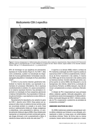 TEMAS DE
REUMATOLOGIA CLÍNICA
60% de homologia na sua seqüência de aminoácidos
expressa em muitos tecidos (Figura 3). As COX-1, ditas
como constitutivas, auxiliam na manutenção da integri-
dade da mucosa gastroduodenal, homeostase vascular,
agregação plaquetária e modulação do fluxo plasmático
renal(4)
.
A COX-2 é uma enzima indutível, geralmente inde-
tectável na maioria dos tecidos, sua expressão é au-
mentada em processos inflamatórios. Ela é expressa
constitutivamente no cérebro, rim, ossos e provavelmen-
te no sistema reprodutor feminino. Sua atividade é im-
portante na modulação do fluxo sangüíneo glomerular
e balanço hidroeletrolítico. Sua expressão é inibida pe-
los glicocorticóides, o que explicaria os seus efeitos an-
tiinflamatórios(3,4)
.
Recentemente foi descoberta uma variante do gene
da COX-1, descrito como COX-3. Essa parece ser ex-
pressa em altos níveis no sistema nervoso central e pode
ser encontrada também no coração e na aorta. Essa
enzima é seletivamente inibida por drogas analgésicas
e antipiréticas, como paracetamol e dipirona, e é pon-
tencialmente inibida por alguns AINEs.Essa inibição pode
representar um mecanismo primário central pelo qual es-
sas drogas diminuem a dor e possivelmente a febre. A
relevância dessa isoforma ainda não está clara(3,5,25)
.
A aspirina e os demais AINEs inibem a síntese de
PG mediante a inativação da COX A aspirina acetila as
isoenzimas (COX-1 e COX-2) covalentemente, inativan-
do-as de forma irreversível e não seletiva. A maioria
dos AINEs age de forma reversível e não seletiva sobre
as mesmas enzimas. Convém salientar que tanto a as-
pirina quanto os outros AINEs não bloqueiam a via da
lipoxigenase; não inibindo, desta forma, a produção de
leucotrienos. Portanto, os AINEs reduzem, mas não eli-
minam completamente os sinais e sintomas inflamató-
rios(7)
.
A inibição de PG é responsável por seus principais
efeitos colaterais: gastrite, disfunção plaquetária, com-
prometimento renal e broncopespasmo.O efeito antitrom-
bótico ocorre pelo bloqueio da COX-1, inibindo a produ-
ção do TX e ocasionando o predomínio da atividade de
prostaciclina endotelial(1)
.
INIBIDORES SELETIVOS DA COX-2
Os AINEs tradicionais existentes apresentavam séri-
os efeitos colaterais que limitavam a sua utilização, prin-
cipalmente a médio e a longo prazo, em enfermidades
reumáticas crônicas. Todos, de forma mais ou menos
constante, traziam sérios transtornos gástricos e intesti-
Figura 3 - Enzimas cicloxigenases 2 e 1(diferenciadas pelos aminoácidos valina e isoleucina, respectivamente). (Figura retirada de GUT.Intervención
específica sobre la ciclooxigenasa tipo II: un paso adelante en el manejo del dolor. Nature medicine, Agosto. Bulletin on the rheumatic diseases.
Octubre 1999. pg 11-16 www.javeriana.edu.co/.../ i_a_revision34.html ).
TEMAS DE REUMATOLOGIA CLÍNICA - VOL. 9 - Nº 2 - MAIO DE 200856
 