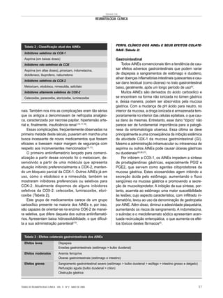 TEMAS DE
REUMATOLOGIA CLÍNICA
nais. Também nos rins as complicações eram tão sérias
que os antigos a denominavam de nefropatia analgési-
ca, caracterizada por necrose papilar, hipertensão arte-
rial e, finalmente, insuficiência renal (10,11,19)
.
Essas complicações, freqüentemente observadas na
primeira metade deste século, puseram em marcha uma
busca incessante de novos medicamentos que fossem
eficazes e tivessem maior margem de segurança com
respeito aos inconvenientes mencionados(10,11)
.
O primeiro antiinflamatório lançado para comerci-
alização a partir desse conceito foi o meloxicam, de-
senvolvido a partir de uma molécula que apresenta
atuação inibindo preferencialmente a COX-2, manten-
do um bloqueio parcial da COX-1. Outros AINEs já em
uso, como o etodolaco e a nimesulida, também se
mostraram inibidores preferenciais ou seletivos para
COX-2. Atualmente dispomos de alguns inibidores
seletivos da COX-2: celecoxibe, lumiracoxibe, etori-
coxibe (Tabela 2).
Este grupo de medicamentos carece de um grupo
carboxílico presente na maioria dos AINEs e, por isso,
são capazes de orientar-se na enzima COX-2 de manei-
ra seletiva, que difere daquela dos outros antiinflamató-
rios. Apresentam baixa hidrossolubilidade, o que dificul-
ta a sua administração parenteral(13)
.
PERFIL CLÍNICO DOS AINEs E SEUS EFEITOS COLATE-
RAIS (Tabela 3)
Gastrointestinal
Todos AINEs convencionais têm a tendência de cau-
sar efeitos adversos gastrointestinais que podem variar
de dispepsia a sangramentos de estômago e duodeno,
ativar doenças inflamatórias intestinais quiescentes e cau-
sar dano tecidual (como úlceras) no trato gastrointestinal
baixo, geralmente, após um longo período de uso(6)
.
Muitos AINEs são derivados do ácido carboxílico e
se encontram na forma não ionizada no lúmen gástrico
e, dessa maneira, podem ser absorvidos pela mucosa
gástrica. Com a mudança de pH ácido para neutro, no
interior da mucosa, a droga ionizada é armazenada tem-
porariamente no interior das células epiteliais, o que cau-
sa dano às mesmas. Entretanto, esse dano “tópico” não
parece ser de fundamental importância para a patogê-
nese da sintomatologia ulcerosa. Essa última se deve
principalmente a uma conseqüência da inibição sistêmica
da atividade COX-1 da mucosa gastrointestinal (GI).
Mesmo a administração intramuscular ou intravenosa de
aspirina ou outros AINEs pode causar úlceras gástricas
ou duodenais(25,26,27)
.
Por inibirem a COX-1, os AINEs impedem a síntese
de prostaglandinas gástricas, especialmente PGI2 e
PGE2, que servem como agentes citoprotetores da
mucosa gástrica. Estes eicosanóides agem inibindo a
secreção ácida pelo estômago, aumentando o fluxo
sangüíneo na mucosa gástrica e promovendo a secre-
ção de mucocitoprotetor. A inibição da sua síntese, por-
tanto, acarreta ao estômago uma maior suscetibilidade
às lesões; cujo aspecto característico, com infiltrado in-
flamatório, levou ao uso da denominação de gastropatia
por AINE. Além disso, diminui a adesividade plaquetária,
aumentando os riscos de sangramento. A indometacina,
o sulindac e o meclofenamato sódico apresentam acen-
tuada recirculação enteropática, o que aumenta os efei-
tos tóxicos destes fármacos(6)
.
Tabela 2 - Classificação atual dos AINEs
Inibidores seletivos da COX-1
Aspirina (em baixas doses)
Inibidores não seletivos da COX
Aspirina (em altas doses), piroxicam, indometacina,
diclofenaco, ibuprofeno, nabumetona
Inibidores seletivos da COX-2
Meloxicam, etodolaco, nimesulida, salicilato
Inibidores altamente seletivos da COX-2
Celecoxibe, paracoxibe, etoricoxibe, lumiracoxibe
Tabela 3 - Efeitos colaterais gastrointestinais dos AINEs
Efeitos leves Dispepsia
Erosões gastrointestinais (estômago > bulbo duodenal)
Efeitos moderados Anemia ferropriva
Úlceras gastrointestinais (estômago e intestino)
Efeitos graves Sangramento gastrointestinal severo (estômago > bulbo duodenal > esôfago > intestino grosso e delgado)
Perfuração aguda (bulbo duodenal > cólon)
Obstrução gástrica
TEMAS DE REUMATOLOGIA CLÍNICA - VOL. 9 - Nº 2 - MAIO DE 2008 57
 