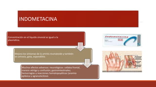 INDOMETACINA
Concentración en el liquido sinovial es igual a la
plasmática.
Mejora los síntomas de la artritis reumatoide y también
en artrosis, gota, espondilitis
Muchos efectos adversos: neurológicos: cefalea frontal,
mareos vértigo y confusión; gastrointestinales;
hemorragias y reacciones hematopoyéticas (anemia
aplásica y agranulocitosis
 