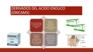 DERIVADOS DEL ACIDO ENOLICO
(OXICAMS)
Con semivida larga,
lo que permite dar
una sola dosis
diaria
Destacan:
piroxicam,
tenoxicam y
meloxicam
(inhibidor selectivo
e la COX-2)
Piroxicam y
tenoxicam
comparten
acciones de los
otros AINE , solo
varia la semivida
plasmática
El piroxicam se
acumula en el
liquido sinovial en
concentración
similar a la
plasmática
 