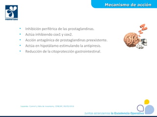 Mecanismo de acciónMecanismo de acción
Leyenda: Control y falla de inventario, CENCAP, 09/05/2016
• Inhibición periférica de las prostaglandinas.
• Actúa inhibiendo cox1 y cox2.
• Acción antagónica de prostaglandinas preexistente.
• Actúa en hipotálamo estimulando la antipiresis.
• Reducción de la citoprotección gastrointestinal.
 