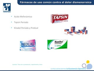 • Acido Mefenámico
• Tapsín Periodo
• Kitadol Periodo y Predual
Fármacos de uso común contra el dolor dismenorreicoFármacos de uso común contra el dolor dismenorreico
Leyenda: Título de la presentación, departamento, fecha
 