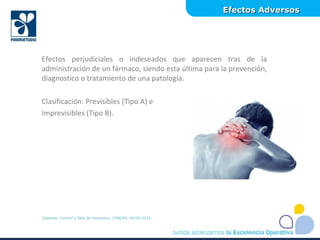 Efectos AdversosEfectos Adversos
Leyenda: Control y falla de inventario, CENCAP, 09/05/2016
Efectos perjudiciales o indeseados que aparecen tras de la
administración de un fármaco, siendo esta última para la prevención,
diagnostico o tratamiento de una patología.
Clasificación: Previsibles (Tipo A) e
Imprevisibles (Tipo B).
 