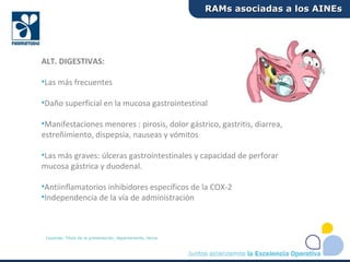 ALT. DIGESTIVAS:
•Las más frecuentes
•Daño superficial en la mucosa gastrointestinal
•Manifestaciones menores : pirosis, dolor gástrico, gastritis, diarrea,
estreñimiento, dispepsia, nauseas y vómitos
•Las más graves: úlceras gastrointestinales y capacidad de perforar
mucosa gástrica y duodenal.
•Antiinflamatorios inhibidores específicos de la COX-2
•Independencia de la vía de administración
RAMs asociadas a los AINEsRAMs asociadas a los AINEs
Leyenda: Título de la presentación, departamento, fecha
 