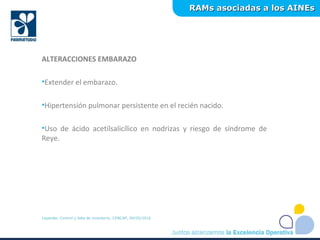 RAMs asociadas a los AINEsRAMs asociadas a los AINEs
Leyenda: Control y falla de inventario, CENCAP, 09/05/2016
ALTERACCIONES EMBARAZO
•Extender el embarazo.
•Hipertensión pulmonar persistente en el recién nacido.
•Uso de ácido acetilsalicílico en nodrizas y riesgo de síndrome de
Reye.
 