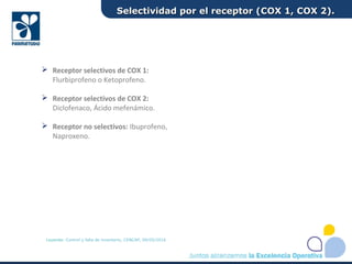  Receptor selectivos de COX 1:
Flurbiprofeno o Ketoprofeno.
 Receptor selectivos de COX 2:
Diclofenaco, Ácido mefenámico.
 Receptor no selectivos: Ibuprofeno,
Naproxeno.
Selectividad por el receptor (COX 1, COX 2).Selectividad por el receptor (COX 1, COX 2).
Leyenda: Control y falla de inventario, CENCAP, 09/05/2016
 