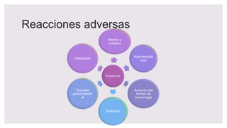 Reacciones adversas
Propiónicos
Mareos y
cefaleas
Hipersensibil
idad
Aumento del
tiempo de
hemorragia
Sedación
Toxicidad
gastrointestin
al
Dispepsias
 