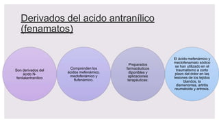 Derivados del acido antranílico
(fenamatos)
Son derivados del
ácido N-
fenilalantranílico
Comprenden los
ácidos mefenámico,
meclofenámico y
flufenámico.
Preparados
farmacéuticos
diponibles y
aplicaciones
terapéuticas:
El ácido mefenámico y
meclofenamato sódico
se han utilizado en el
traumatismo a corto
plazo del dolor en las
lesiones de los tejidos
blandos, la
dismenorrea, artritis
reumatoide y artrosis.
 