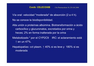 Coxib: CELECOXIBCoxib: CELECOXIB
Vía oral: velocidad "moderada" de absorción (2 a 4 h).
No se conoce la biodisponibilidad.
Alta unión a proteínas albúmina. Biotransformación a ácido
carboxílico y glucuronatos, excretados por orina y
heces; 2% en forma inalterada por la orina
Metabolizado * por el CYP2C9 IRC: el aclaramiento está
↑ en un 47%.
Hepatopatías: cct plasm. ↑ 40% si es leve y 180% si es
moderada.
Clin Pharmacokinet 38, 225-242.2000
 