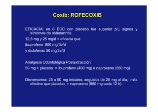 Coxib: ROFECOXIBCoxib: ROFECOXIB
EFICACIA: en 6 ECC con placebo fue superior p/↓ signos y
síntomas de osteoartritis.
12,5 mg y 25 mg/d = eficacia que
ibuprofeno 800 mg/3v/d
y diclofenac 50 mg/3v/d
Analgesia Odontológica Postextracción:
50 mg > placebo = ibuprofeno (400 mg) o naproxeno (550 mg)
Dismenorrea: 25 o 50 mg iniciales, seguidos de 25 mg al día, más
efectivo que placebo = naproxeno (550 mg cada 12 h).
 