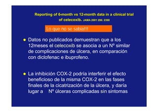 Reporting of 6Reporting of 6--monthmonth vsvs 1212--month data in a clinical trialmonth data in a clinical trial
ofof celecoxibcelecoxib.. JAMA 2001 286: 2398JAMA 2001 286: 2398
l Datos no publicados demuestran que a los
12meses el celecoxib se asocia a un Nº similar
de complicaciones de úlcera, en comparación
con diclofenac e ibuprofeno.
l La inhibición COX-2 podría interferir el efecto
beneficioso de la misma COX-2 en las fases
finales de la cicatrización de la úlcera, y daría
lugar a Nº úlceras complicadas sin sintomas
Lo que no se sabía!!!
 