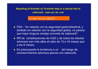 l FDA : "en relación con la seguridad gastrointestinal, y
también en relación con la seguridad global, no parece
que haya ninguna ventaja concreta de celecoxib".
l RR de complicaciones de UGD y de todos los efectos
adversos son más altos al cabo de 12 a 16 meses que
a los 6 meses.
l Es preocupante la tendencia a un del riesgo de
acontecimientos adversos graves con celecoxib.
Lo que no se sabía!!!
Reporting of 6Reporting of 6--monthmonth vsvs 1212--month data in a clinical trial ofmonth data in a clinical trial of
celecoxibcelecoxib.. JAMA 2001 286: 2398JAMA 2001 286: 2398
 