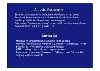 Artrosis:Artrosis: ParacetamolParacetamol
Eficacia: paracetamol vs ibuprofeno, diclofenac y naproxeno
Toxicidad: bien tolerado, rash, hipersensibilidad, alteraciones
renales y hepáticas, alteraciones hematológicas
Sobredosis: Precauciones: Insuf. renal, Insuf. hepatica, alcoholismo
Administración: oral 0,5-1 g cada 6 hs
Lumbalgia
Medidas no farmacológicas: ejercicio físico, reposo
Medidas farmacológicas(dirigidas a ↓ el dolor): analgésicos, AINEs
Eficacia: EC y metanalisis de calidad limitada
AINEs: no hay entre ellos ni con paracetamol
Relajantes musculares: Diazepam (10-20 mg/ cada 6-8 hs x 2-3d
mejor que placebo en EC
 