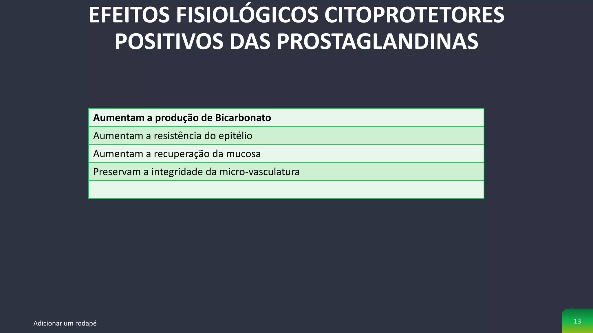 EFEITOS FISIOLÓGICOS CITOPROTETORES
POSITIVOS DAS PROSTAGLANDINAS
Adicionar um rodapé 13
Aumentam a produção de Bicarbonato
Aumentam a resistência do epitélio
Aumentam a recuperação da mucosa
Preservam a integridade da micro-vasculatura
 