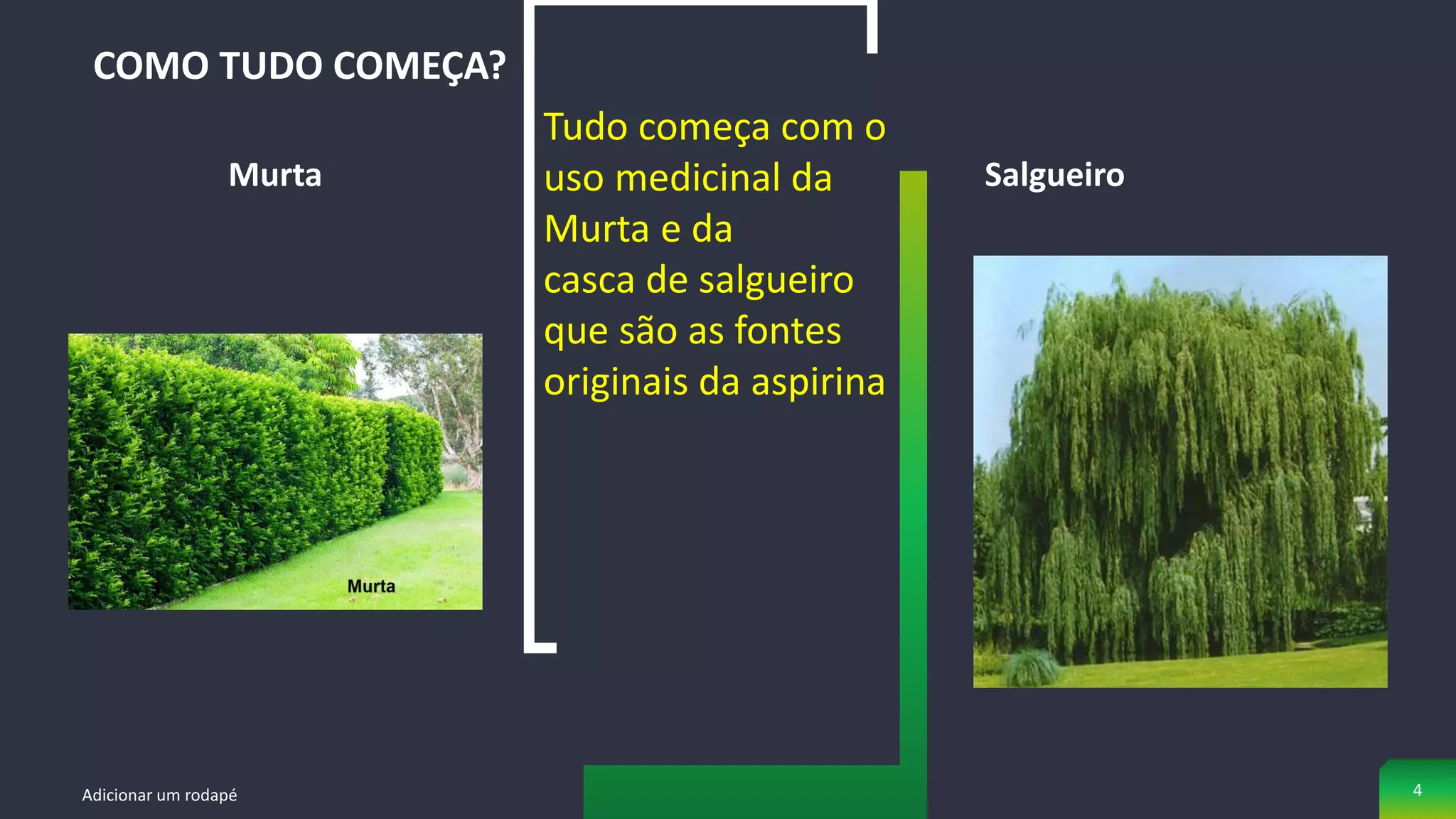 Murta
COMO TUDO COMEÇA?
Adicionar um rodapé 4
Salgueiro
Tudo começa com o
uso medicinal da
Murta e da
casca de salgueiro
que são as fontes
originais da aspirina
 